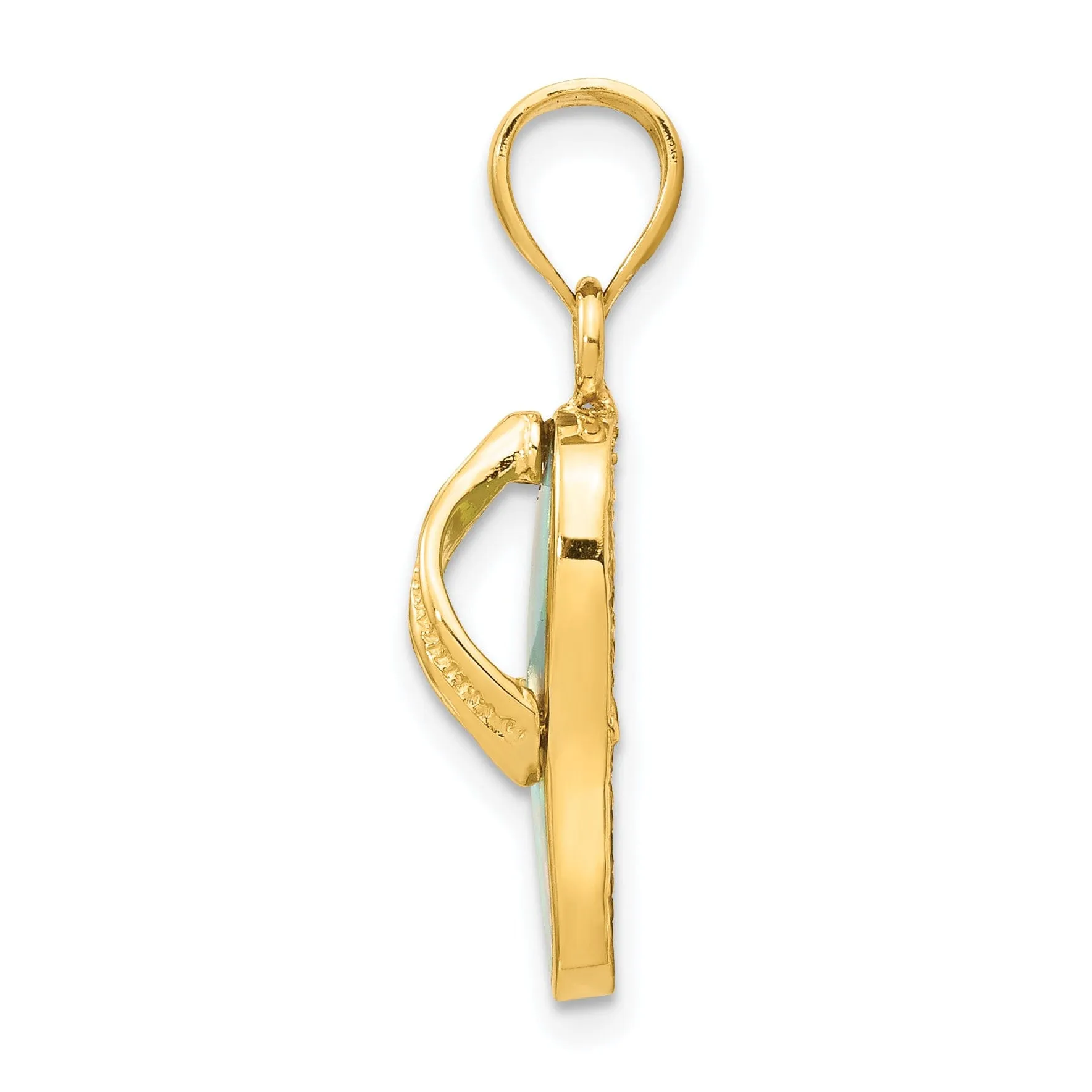 14k Yellow Gold Solid Texture Polished Finish with Created White Opal 3-Dimensional Flip Flop Sandle Charm Pendant
