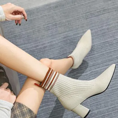 binfenxie-Pointed Toe Chunky Heel Sock Boots