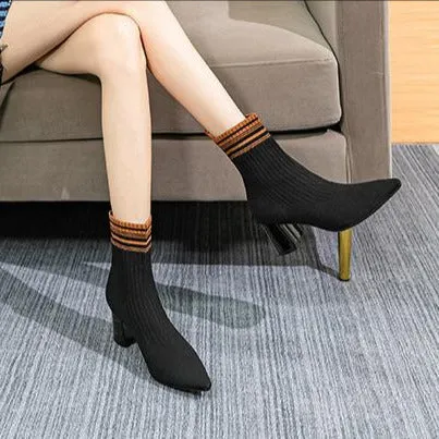binfenxie-Pointed Toe Chunky Heel Sock Boots