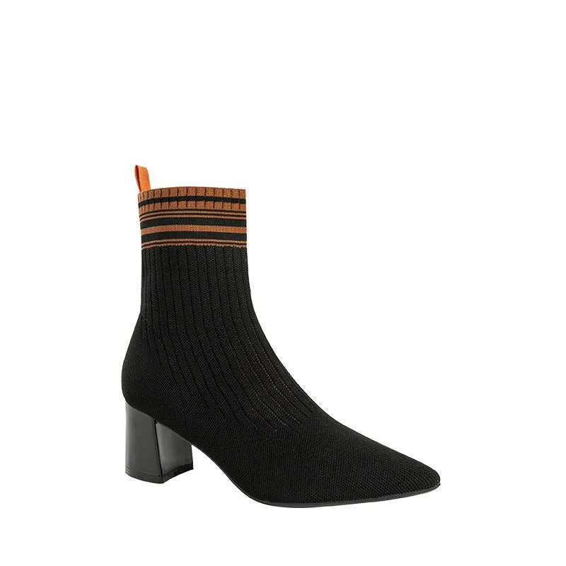 binfenxie-Pointed Toe Chunky Heel Sock Boots