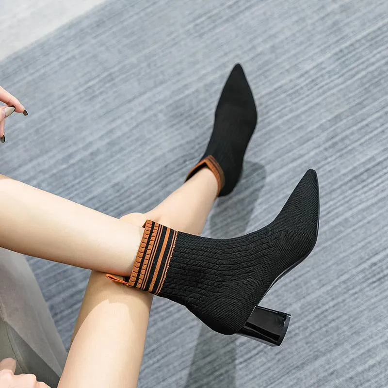 binfenxie-Pointed Toe Chunky Heel Sock Boots