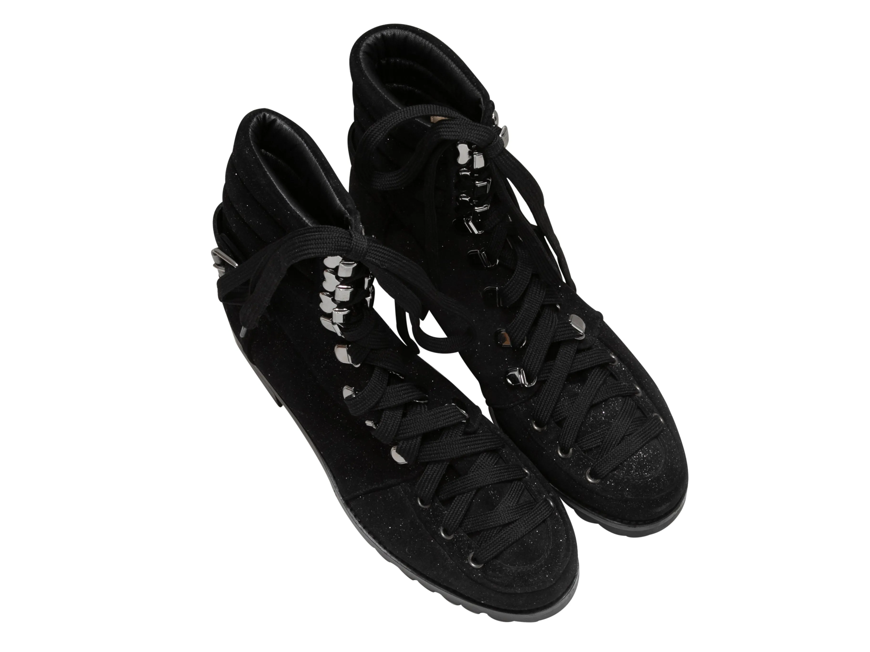 Black Christian Louboutin Glitter Suede Combat Boots Size 38.5