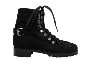 Black Christian Louboutin Glitter Suede Combat Boots Size 38.5