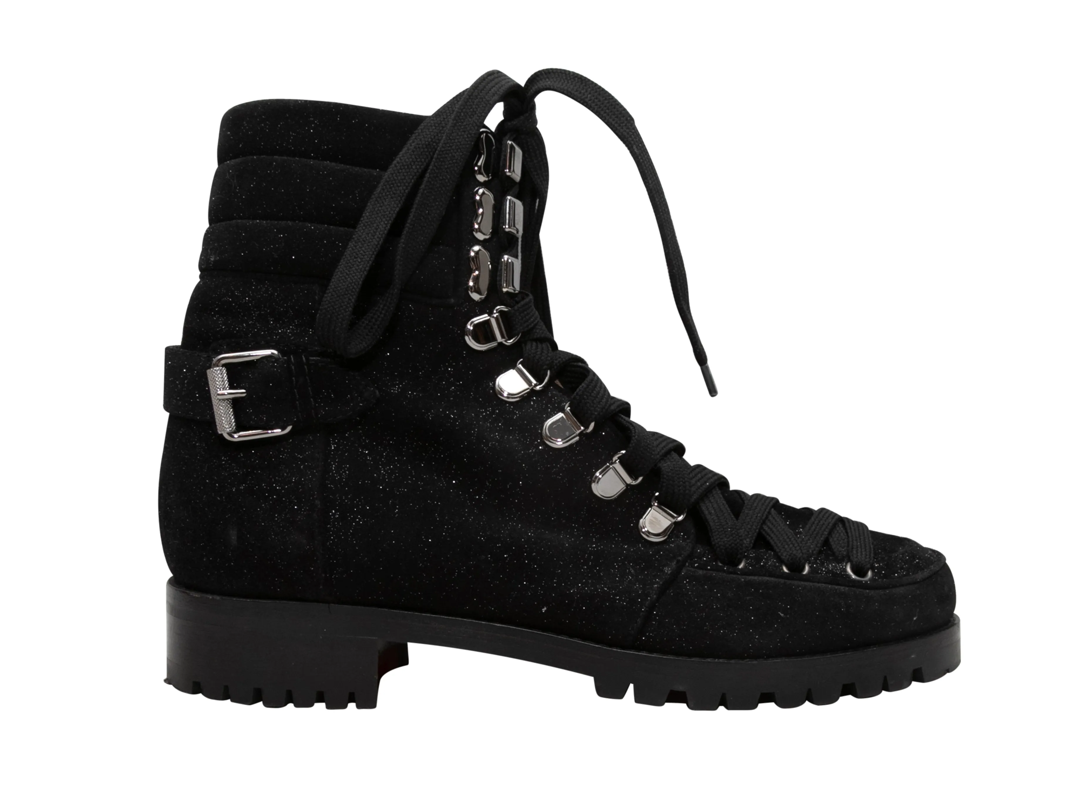 Black Christian Louboutin Glitter Suede Combat Boots Size 38.5