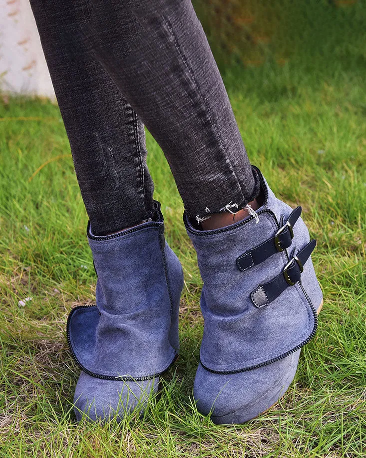 elveswallet Pointed wedge heel belt buckle zip-up boots