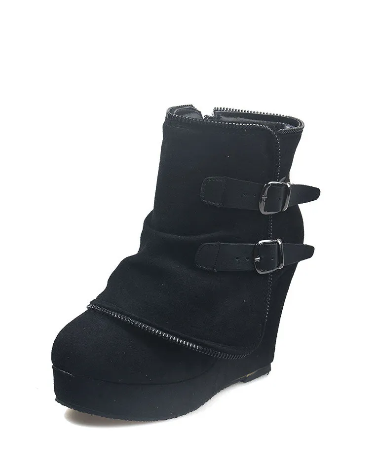 elveswallet Pointed wedge heel belt buckle zip-up boots
