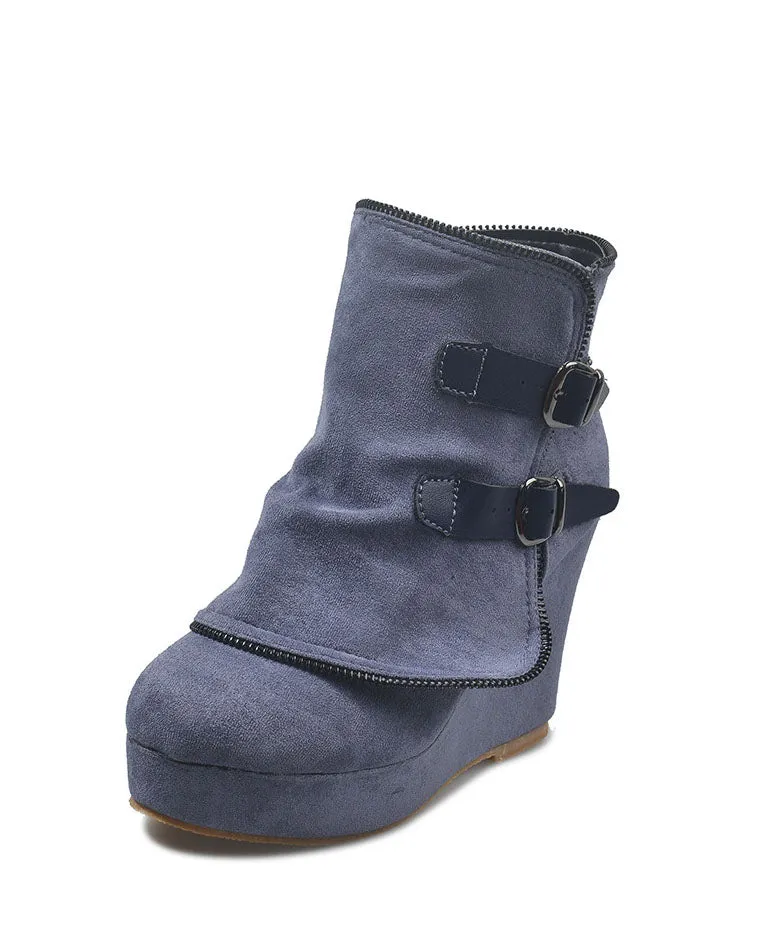elveswallet Pointed wedge heel belt buckle zip-up boots