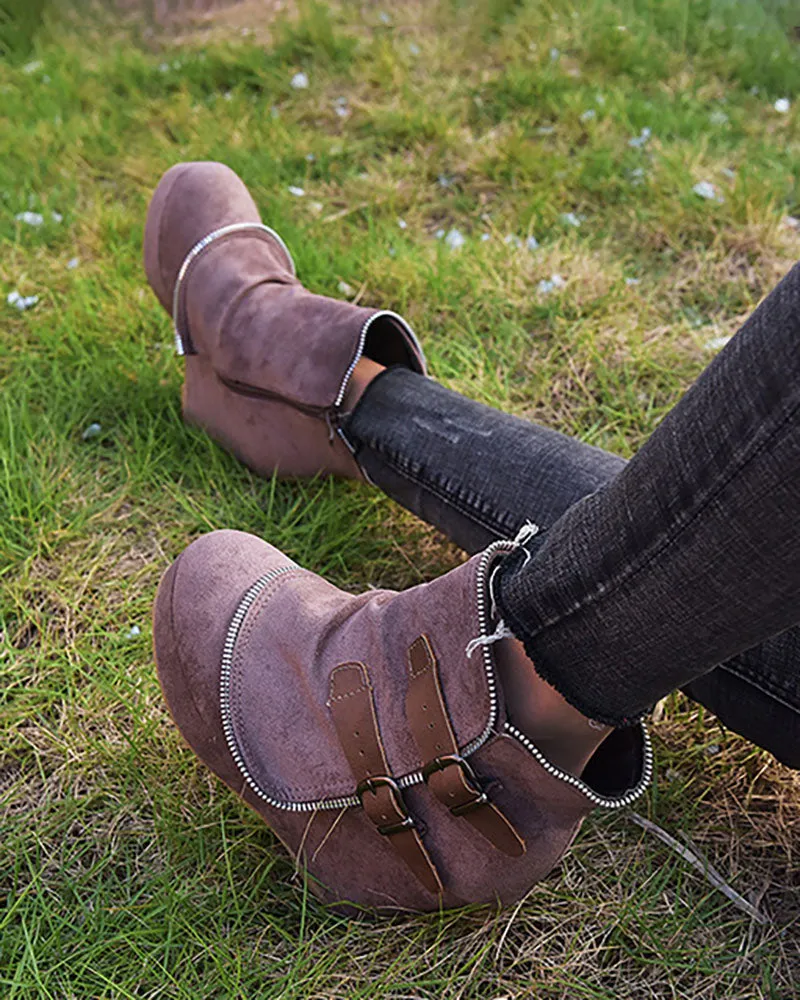 elveswallet Pointed wedge heel belt buckle zip-up boots