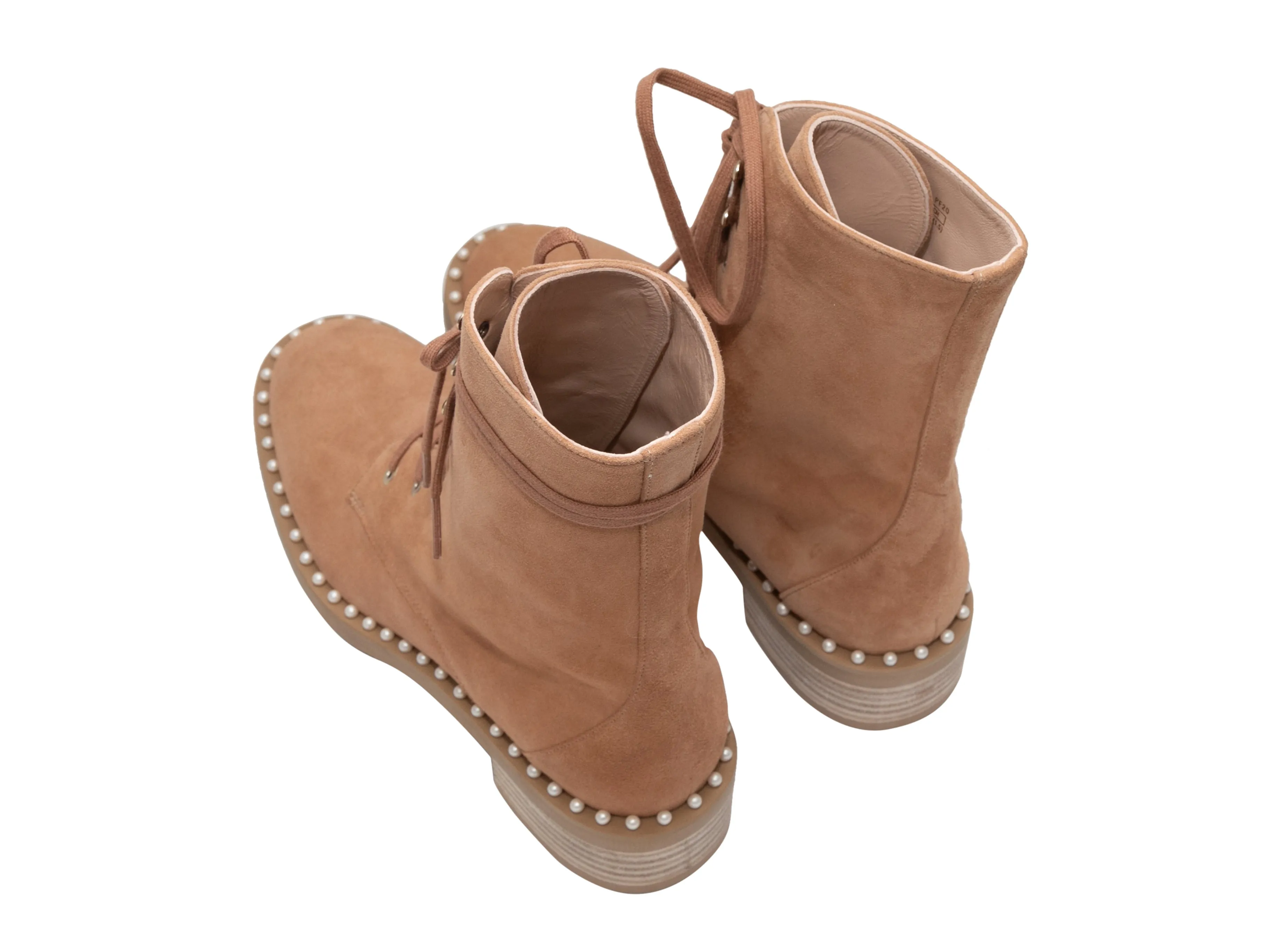 Tan Stuart Weitzman Suede Faux Pearl-Embellished Ankle Boots Size 8.5