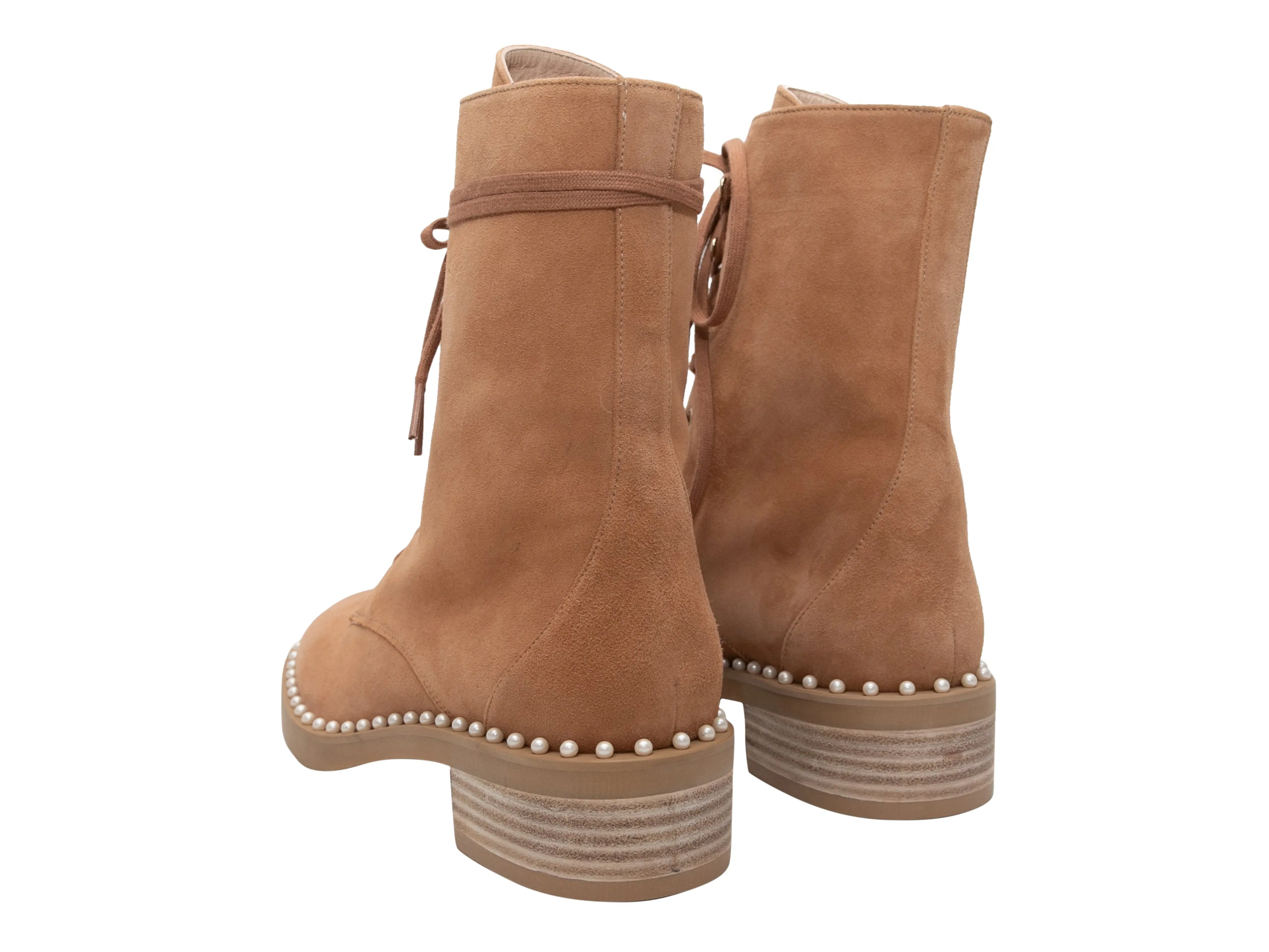 Tan Stuart Weitzman Suede Faux Pearl-Embellished Ankle Boots Size 8.5