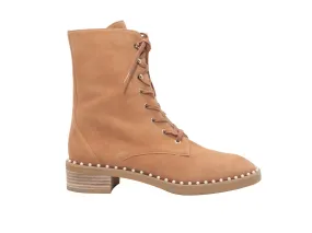 Tan Stuart Weitzman Suede Faux Pearl-Embellished Ankle Boots Size 8.5