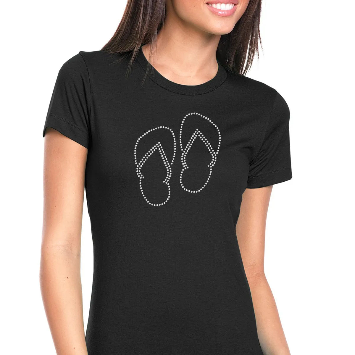Womens T-Shirt Bling Black Fitted Tee Beach Flip Flop
